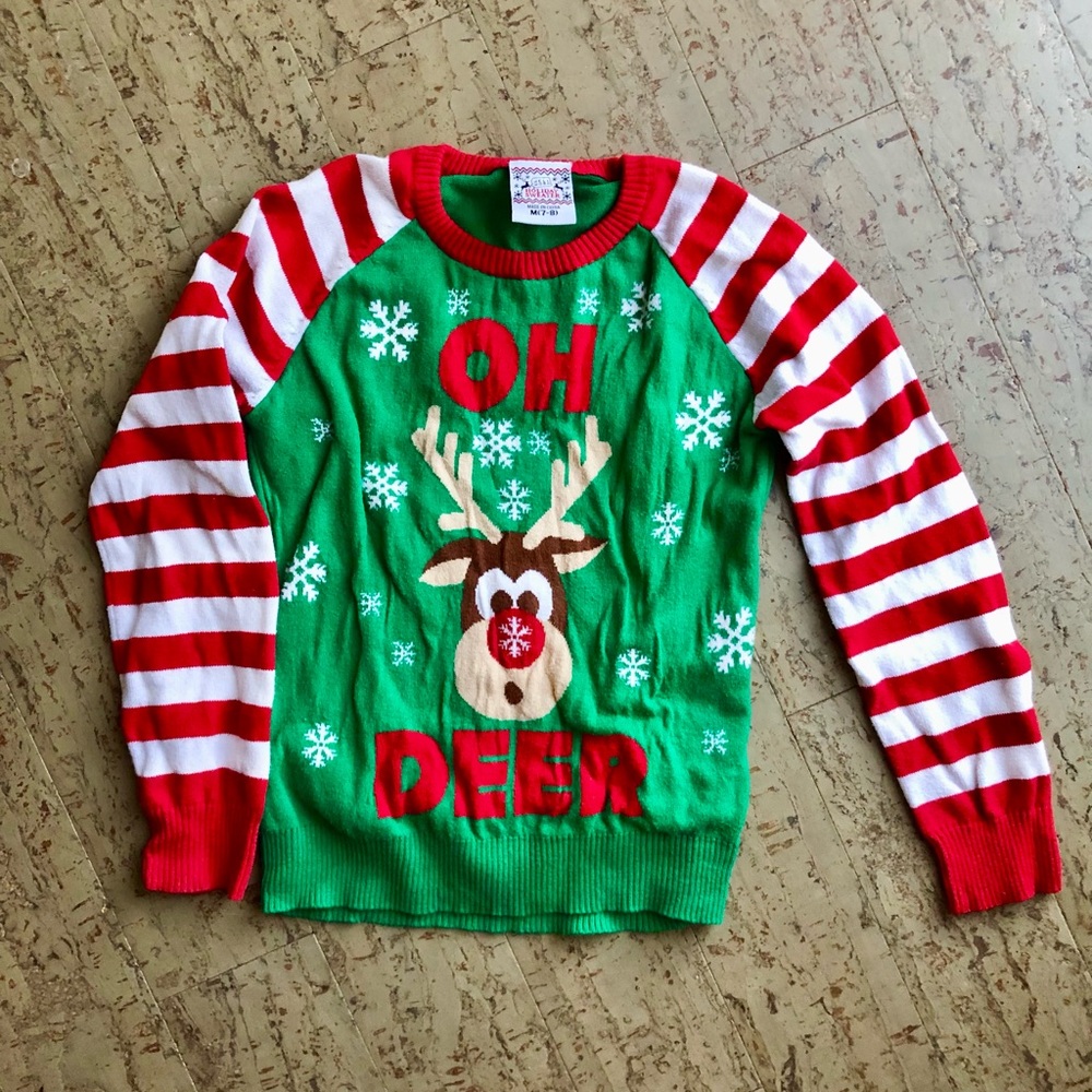 Used Well Worn ugly Christmas deer sweater, child’s medium 7/8